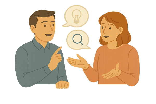 Two persons in a conversation exploring and solving doubts.